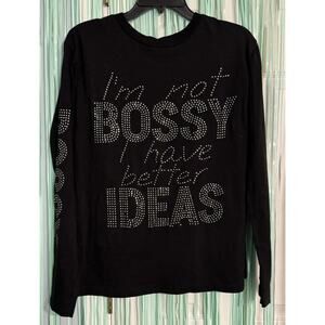On Fire Black Long Sleeved Tee, Bossy Quote, Rhinestones, Cotton, 1X